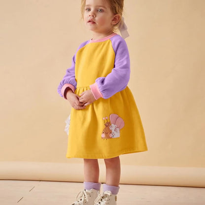 Autumn and Winter Arrival Cartoon Pattern Color Patchwork Long Sleeves Crew Neck Dress for Stylish Girls, MyKids-USA®, Baby & Toddler Dresses, MyKids-USA -  -  -  -  -  -  - 
