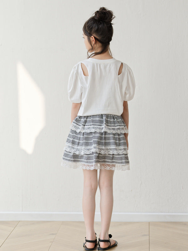 Arrival Summer Baby Kids Girls Short Sleeves Letters Pattern T-shirt and Plaid Skirt