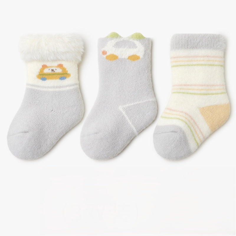 Autumn and Spring Baby Unisex Breathable Cartoon and Striped Pattern Socks 1 Lot=3-Pair Set, MyKids-USA®, Baby & Toddler Socks & Tights, MyKids-USA - Size/Age - XS (0-6M) - Color - Grey -  -  - TR2601212230-B.