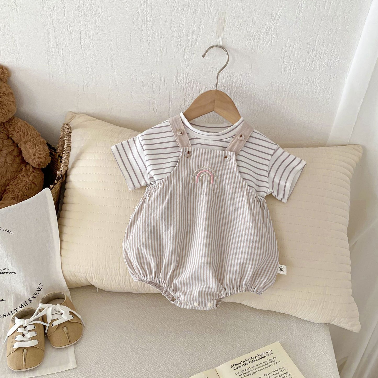 Summer Hot Selling Baby Kids Unisex Sleeveless Rainbow Embroidered Strap Overalls and Striped T-Shirt Clothing Set, MyKids-USA®, Baby & Toddler Outfits, MyKids-USA - Size/Age - 66 (3-6M) - Color - Beige -  -  - TR2506141158-A