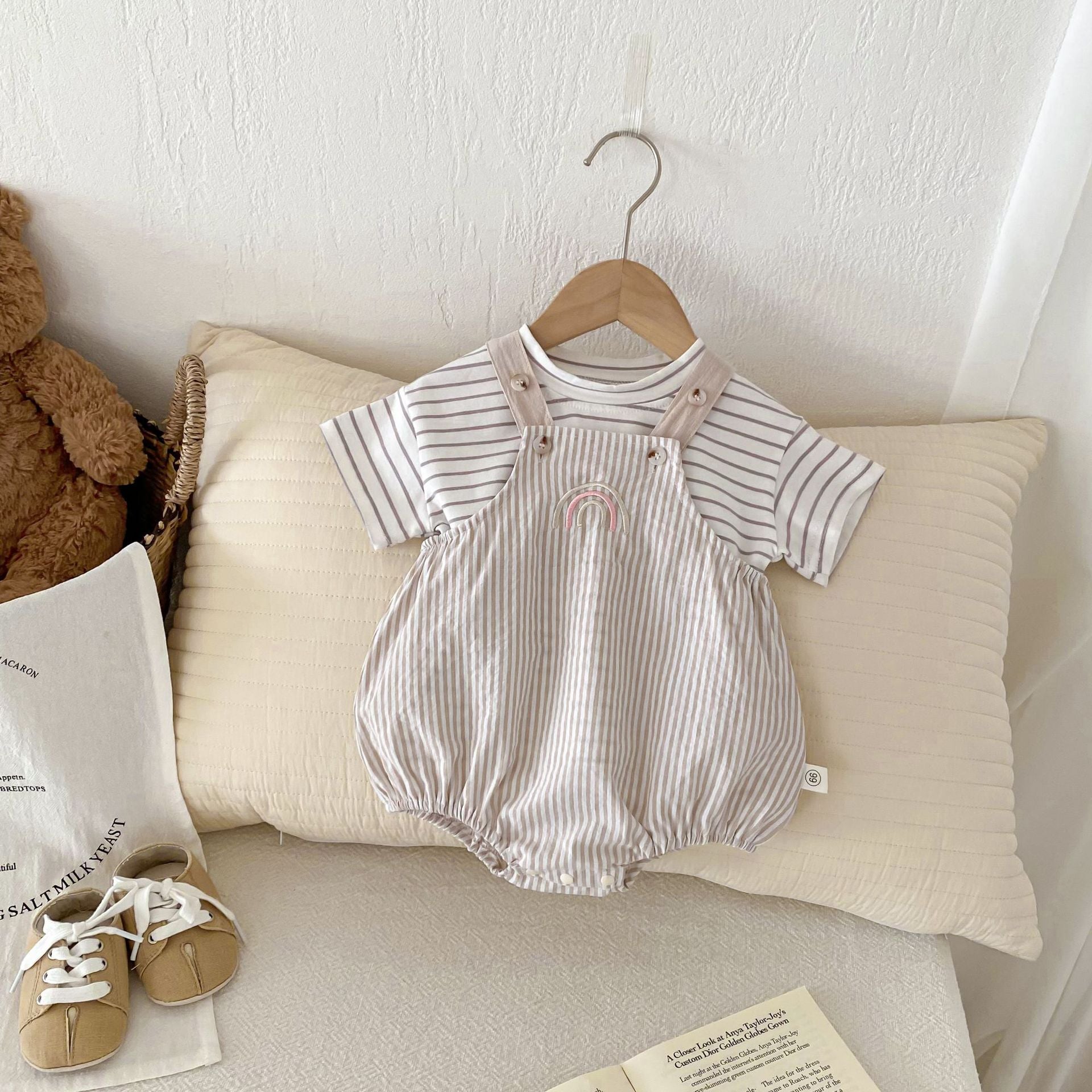 Summer Hot Selling Baby Kids Unisex Sleeveless Rainbow Embroidered Strap Overalls and Striped T-Shirt Clothing Set, MyKids-USA®, Baby & Toddler Outfits, MyKids-USA - Size/Age - 66 (3-6M) - Color - Beige -  -  - TR2506141158-A