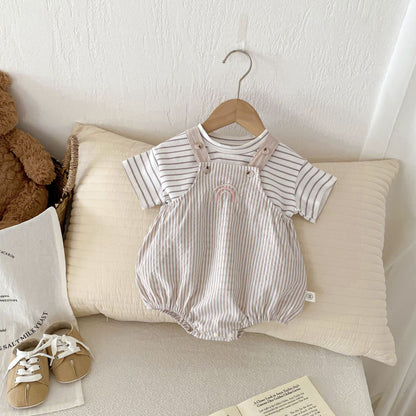 Summer Hot Selling Baby Kids Unisex Sleeveless Rainbow Embroidered Strap Overalls and Striped T-Shirt Clothing Set, MyKids-USA®, Baby & Toddler Outfits, MyKids-USA - Size/Age - 66 (3-6M) - Color - Beige -  -  - TR2506141158-A