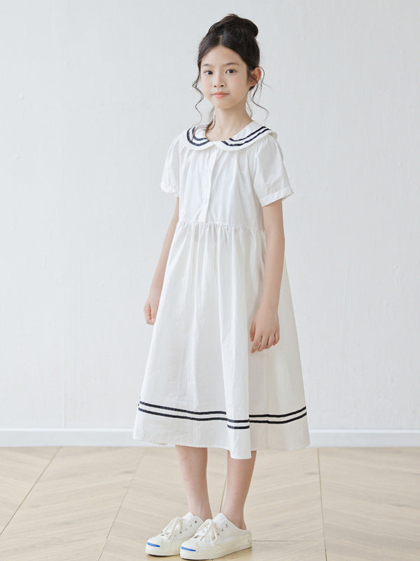 Summer Arrival Short Sleeves Navy Collar Preppy Dress for Stylish Girls