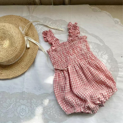 Summer Arrival Baby Girls Sleeveless Plaid Pattern Bodysuit