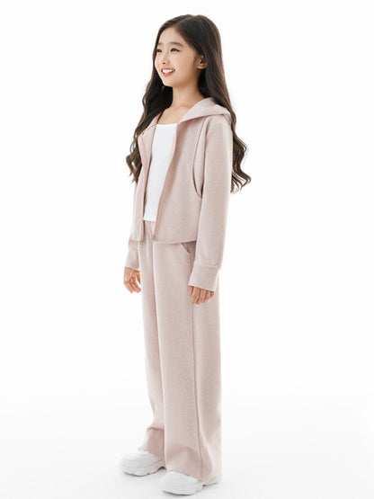 Arrival Autumn Kids Girls White Top, Long Sleeves Solid Color Zip-up Hooded Coat and Simple Pants Clothing Set