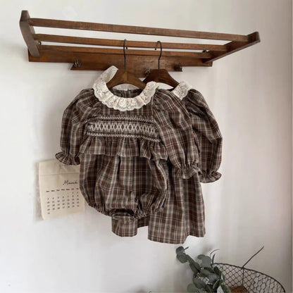 Autumn Arrival Baby Girls Long Sleeves Lace Trim Collar Plaid Bodysuit