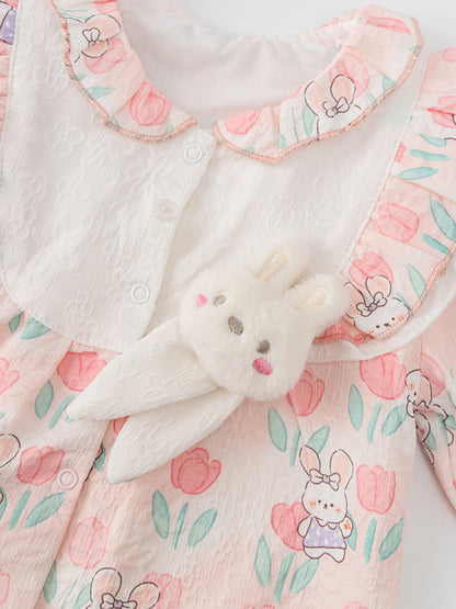 Autumn Arrival Baby Girls Flowers and Rabbits Pattern Single Breasted Romper with Cute Collar, MyKids-USA®, Baby One-Pieces, MyKids-USA -  -  -  -  -  -  - 
