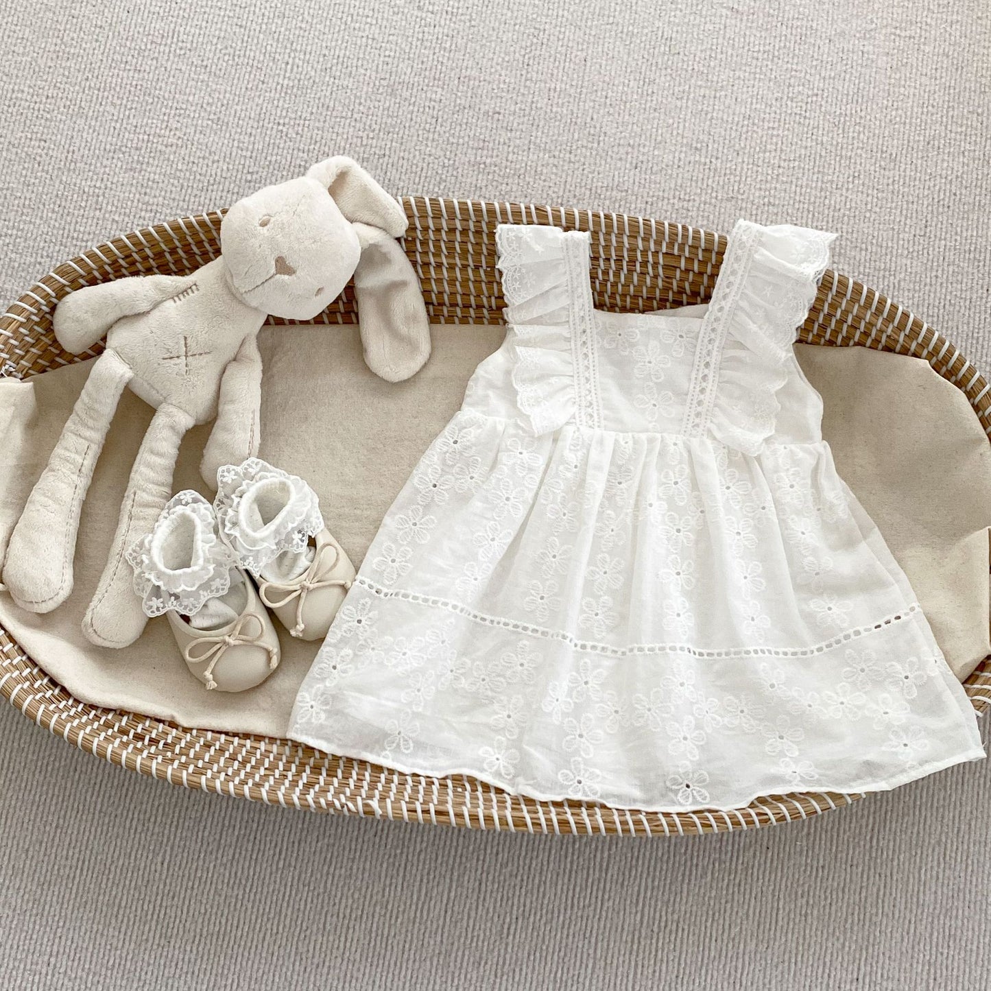 Summer Girls Solid Color Floral Embroidery Square Neck Onesies And Girls’ Dress – Princess Sister Matching, MyKids-USA®, Baby & Toddler Outfits, MyKids-USA - Size/Age - 66 (3-6M) - Color - Beige -  -  - TR2404282226-A