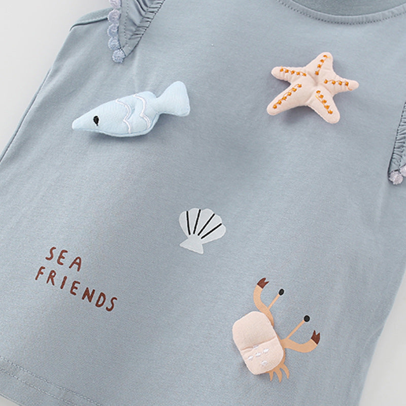 Summer Girls’ Cartoon Marine Animals Pattern Fly Sleeves Top Shirt in European and American Style, MyKids-USA®, Baby & Toddler Tops, MyKids-USA -  -  -  -  -  -  - 