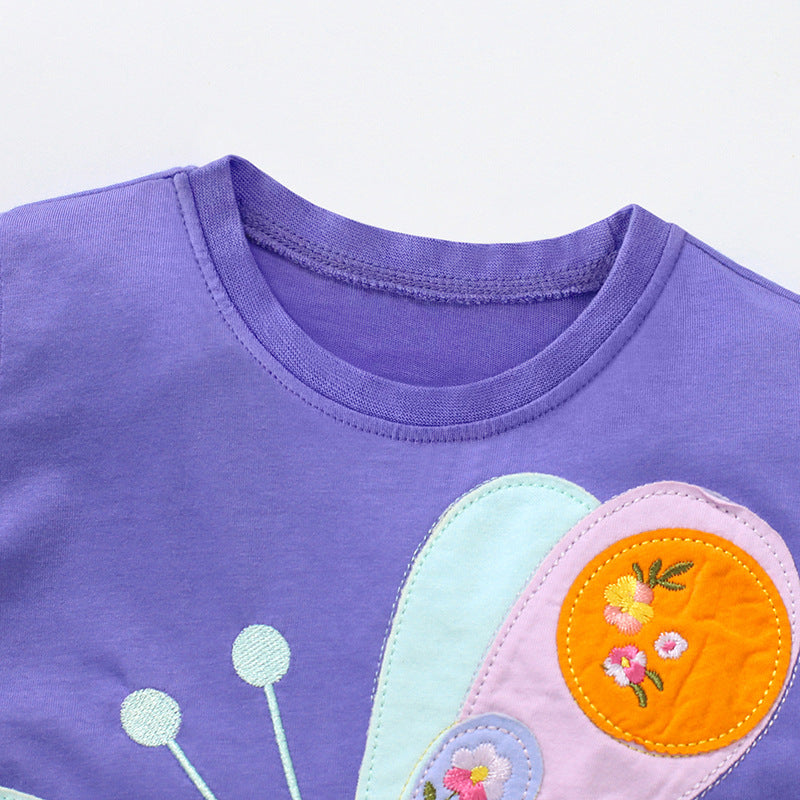 New Arrival: Cute Knit Round Neck Floral Butterfly Cartoon Girls’ T-Shirt In European And American Style For Summer