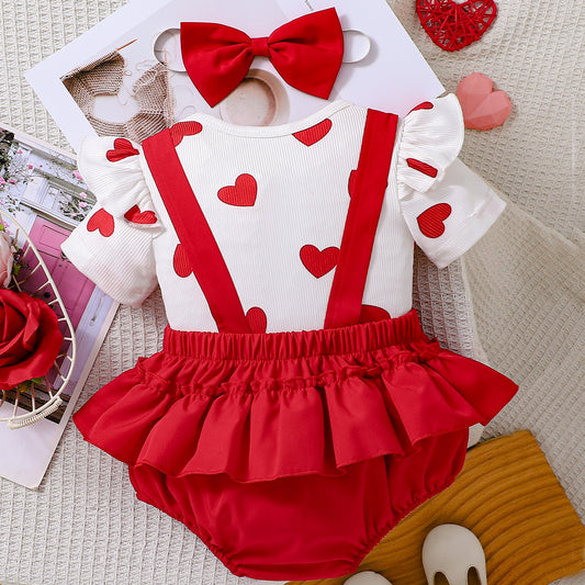 Design Summer Baby Kids Girls Short Sleeves Hearts Pattern T-shirt with Red Overalls Set, MyKids-USA®, Baby & Children's Outfits, MyKids-USA -  -  -  -  -  -  - .