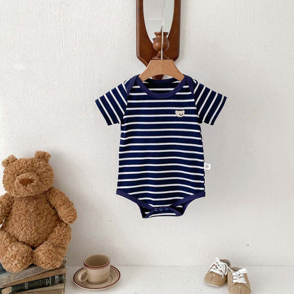 Summer Arrival Baby Boys and Girls Short Sleeves Striped and Teddy Pattern Bodysuit, MyKids-USA®, Baby & Children's One-Pieces, MyKids-USA - Size/Age - 66 (3-6M) - Color - Navy Blue (Dark Blue) -  -  - TR2605012150-B.