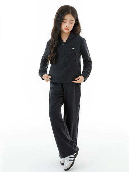 Arrival Autumn Kids Girls Long Sleeves Plain Zip-up Hoodie and Black Pants Clothing Set
