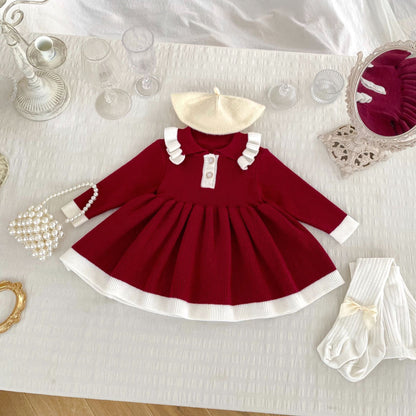 Autumn Arrival Baby Girls Knitted Long Sleeves Color Patchwork Dress, MyKids-USA®, Baby & Toddler Dresses, MyKids-USA - Size/Age - 73 (6-9M) - Color - Red -  -  - TR2410071651-B