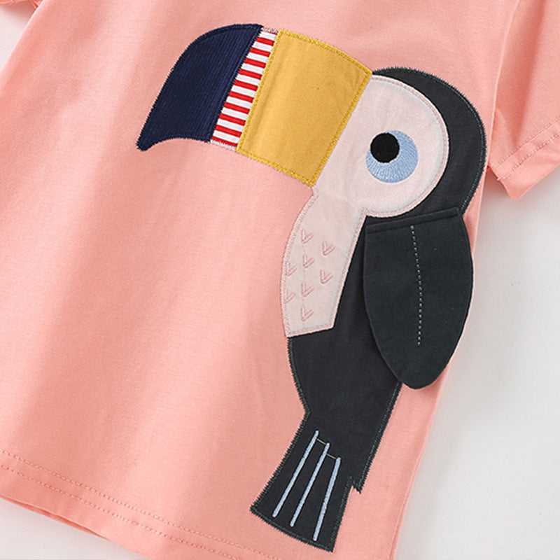 Summer Girls’ Bird Cartoon Pattern Pink T-shirt in European and American Style, MyKids-USA®, Baby & Toddler Tops, MyKids-USA -  -  -  -  -  -  - 