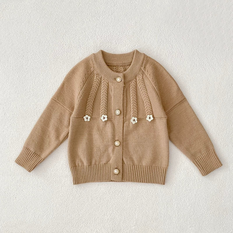 Autumn Arrival Baby Girls Comfortable Flowers Pattern Knitted Long Sleeves Cardigan, MyKids-USA®, Cardigans, MyKids-USA - Size/Age - 73 (6-9M) - Color - Khaki -  -  - TR2507262231-A