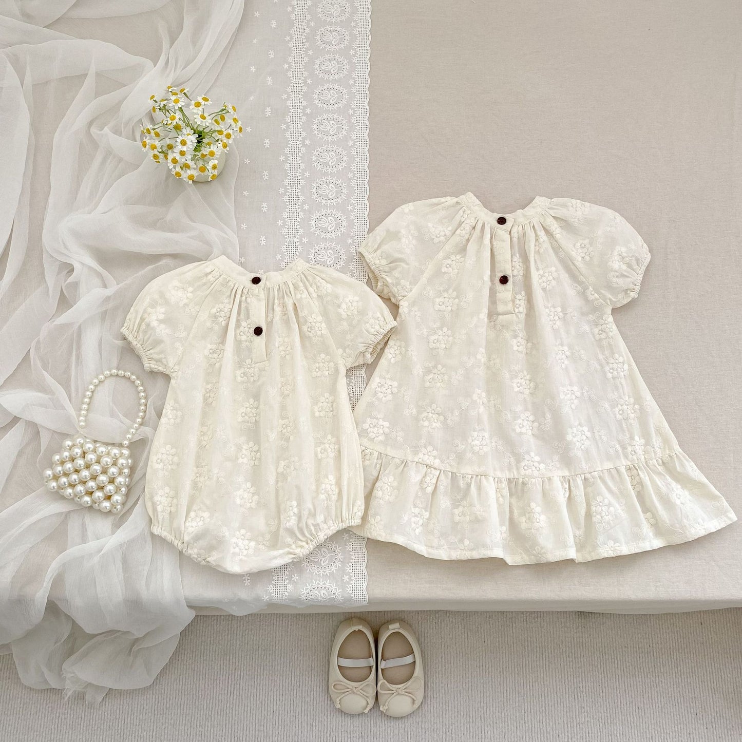 Summer Girls Solid Color Flowers Embroidery Short Sleeves Onesies and Girls’ Dress – Princess Sister Matching Set, MyKids-USA®, Baby & Toddler Outfits, MyKids-USA -  -  -  -  -  -  - 