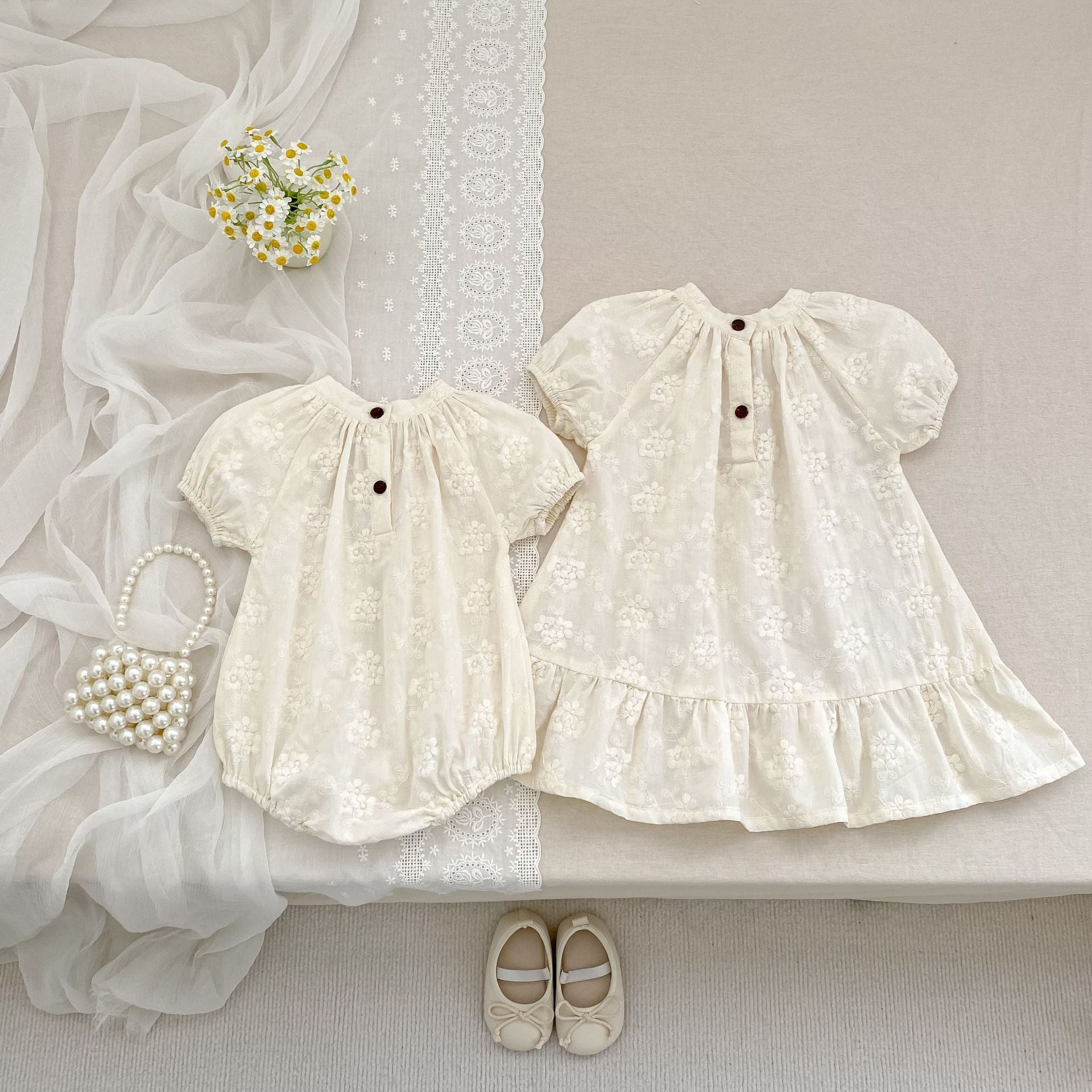 Summer Girls Solid Color Flowers Embroidery Short Sleeves Onesies and Girls’ Dress – Princess Sister Matching Set, MyKids-USA®, Baby & Toddler Outfits, MyKids-USA -  -  -  -  -  -  - 