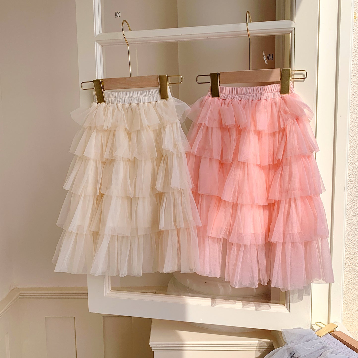 New Design Summer Kids Girls Ruffle Pleated Solid Color Mesh Princess Skirt