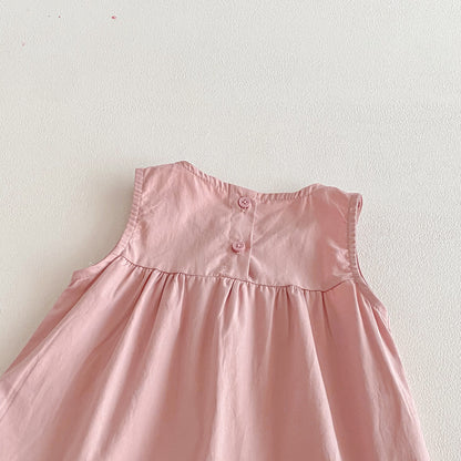 Spring and Autumn Baby Kids Girls Long Sleeves Cartoon Pattern Top and Pink Sleeveless Rompers Clothing Set