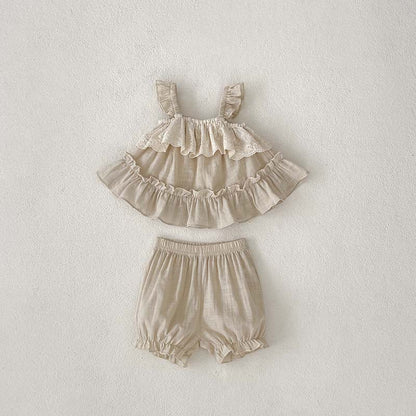 New Design Summer Baby Kids Girls Floral Embroidery And Hollow-Out Pattern Ruffle Strap Dress And Shorts Clothing Set