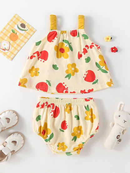 Summer Baby Kids Girls Floral Pattern Sleeveless Strap Top Dress And Bloomers Casual Clothing Set
