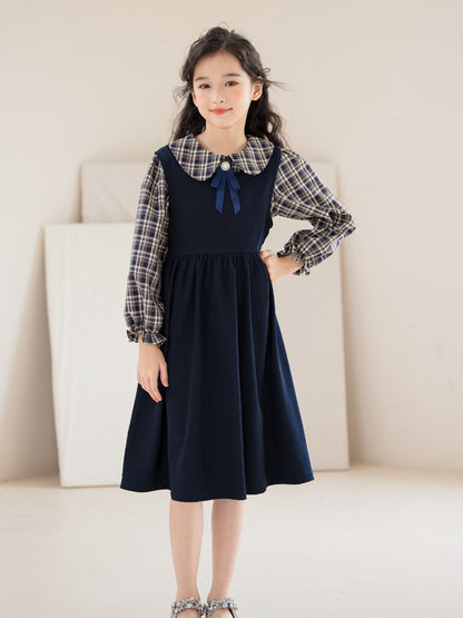 Arrival Autumn Kids Girls Long Sleeves Preppy Plaid Top and Sleeveless Dress Sets