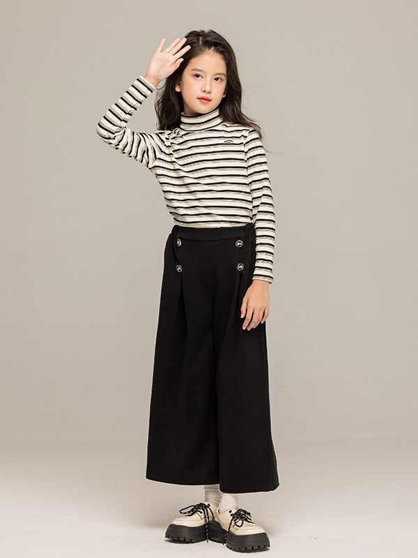 Arrival Autumn Kids Girls Long Sleeves Striped Pattern Turtle Neck Top and Black Loose Pants Sets