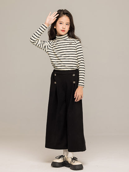 Arrival Autumn Kids Girls Long Sleeves Striped Pattern Turtle Neck Top and Black Loose Pants Sets