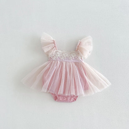 Summer Arrival Baby Girls Fly Sleeves Tulle Patchwork Pink Bodysuit Dress, MyKids-USA®, Baby & Children's Dresses, MyKids-USA - Size/Age - 66 (3-6M) - Color - Pink -  -  - TR2604291641-B.