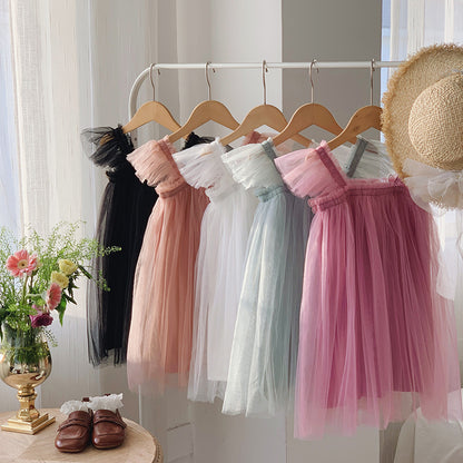 Summer Baby Kids Girls Sleeveless Plain 3D Butterfly Mesh Design Off Shoulder Strap Dress