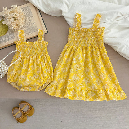 Summer Girls Floral Pattern Sleeveless Off Shoulder Pleated Strap Onesies And Girls’ Dress – Princess Sister Matching Set