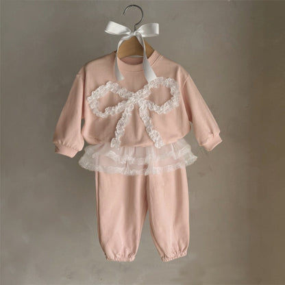 MyKids-USA® Spring and Autumn Baby Kids Girls Long Sleeves Butterfly-bow Pattern Top and Lace Trim Pants