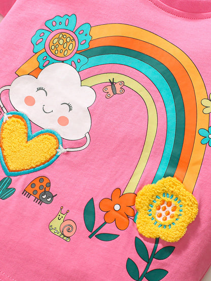 Round Neck Rainbow Cartoon Flowers Pattern Girls’ T-Shirt In European And American Style For Summer