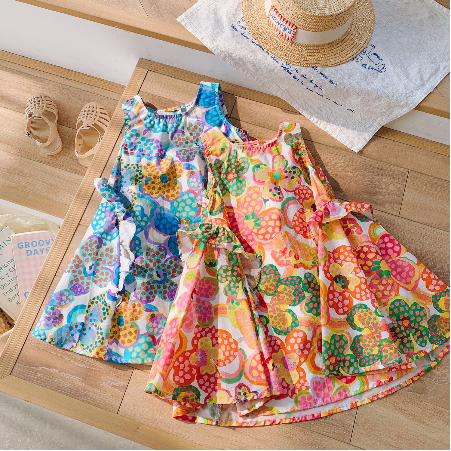Summer Arrival Colorful Flowers Pattern Crew Neck Sleeveless Dress for Stylish Girls 90 (12-24M) / Orange Summer Arrival Colorful Flowers Pattern Crew Neck Sleeveless Dress for Stylish Girls 90 (12-24M) / Orange