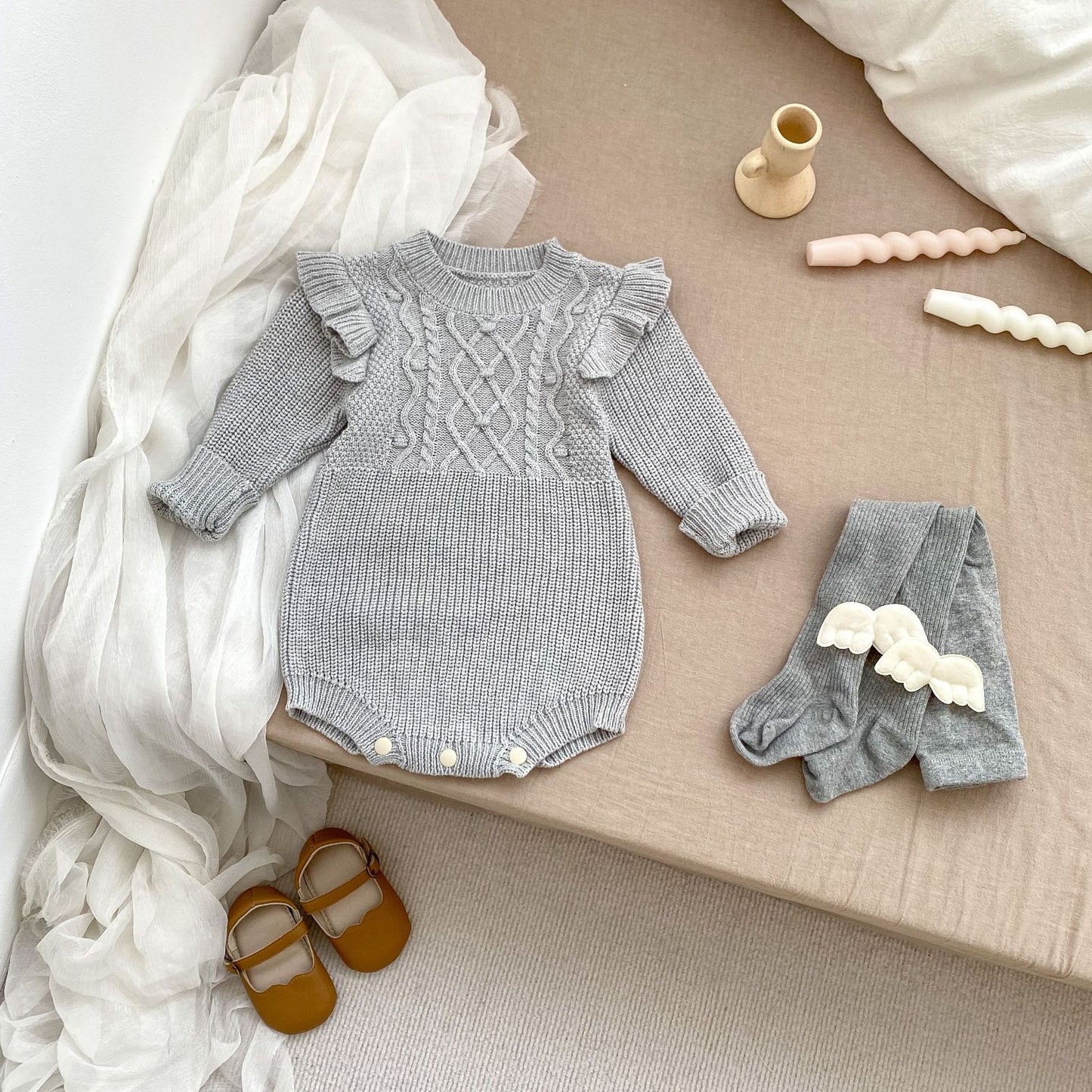 Autumn Arrival Baby Girls Jacquard Pattern Knitted Long Sleeves Crew Neck Onesies, MyKids-USA®, Baby One-Pieces, MyKids-USA - Size/Age - 66 (3-6M) - Color - Grey -  -  - TR2410071643-B