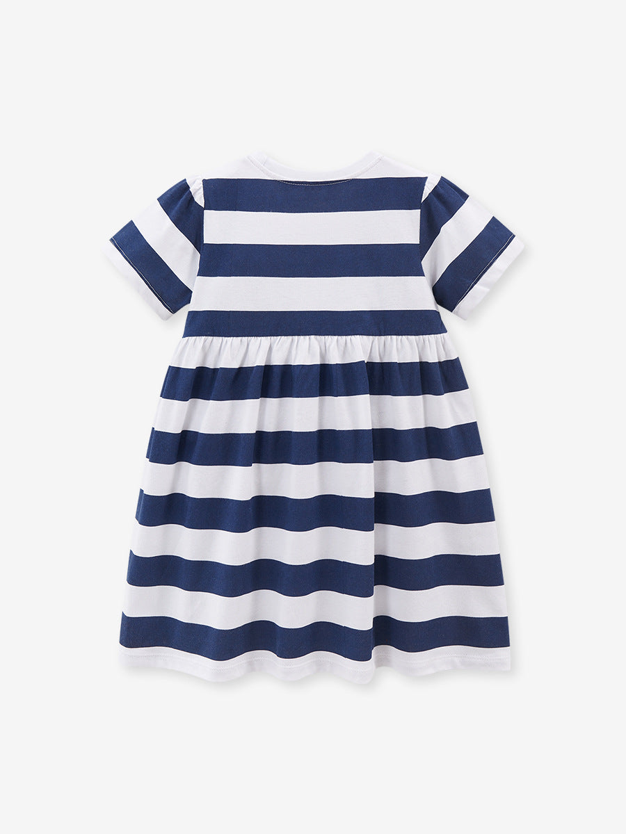 Spring And Summer Baby Girls Navy Blue Striped Floral Short Sleeves Dress, MyKids-USA®, Baby & Toddler Dresses, MyKids-USA -  -  -  -  -  -  - 