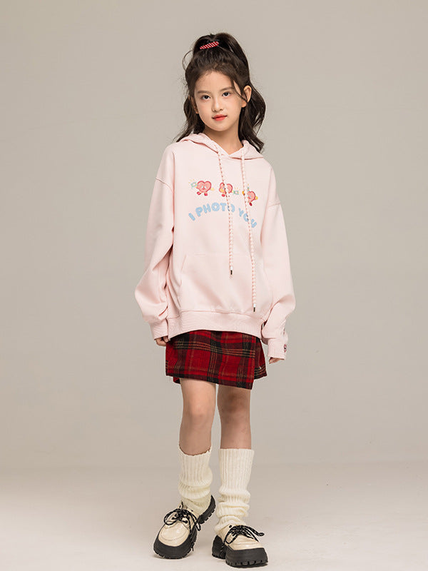 Arrival Autumn Kids Girls Long Sleeves Cartoon Embroidered Pattern Hoodie and Plaid Skirt Clothing Set
