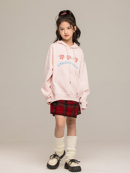 Arrival Autumn Kids Girls Long Sleeves Cartoon Embroidered Pattern Hoodie and Plaid Skirt Clothing Set
