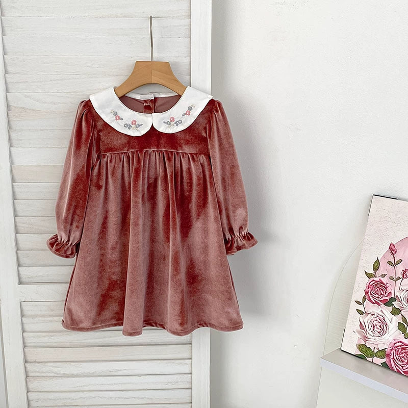 Autumn Baby Kids Girls Long Sleeves Velvet Dress with Embroidery Collar, MyKids-USA®, Baby & Toddler Dresses, MyKids-USA -  -  -  -  -  -  - 