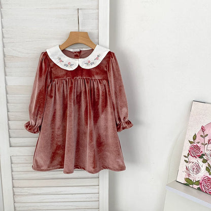 Autumn Baby Kids Girls Long Sleeves Velvet Dress with Embroidery Collar, MyKids-USA®, Baby & Toddler Dresses, MyKids-USA -  -  -  -  -  -  - 