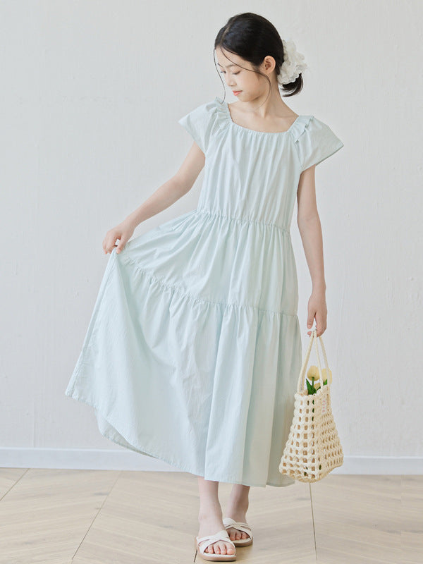 Summer Arrival Short Sleeves Solid Color Square Neck Dress for Stylish Girls