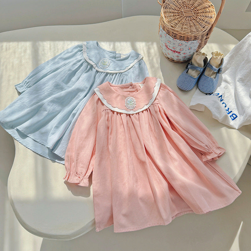 Simple Plain Autumn Girls Flower Embroidery Collar Long Sleeves French Style Dress, MyKids-USA®, Baby & Toddler Dresses, MyKids-USA -  -  -  -  -  -  - 
