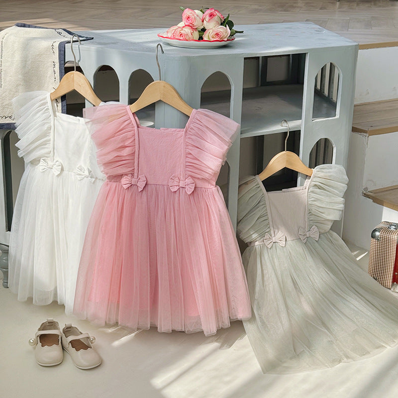 New Design Summer Kids Girls Solid Color Fly Sleeves Mesh Dress
