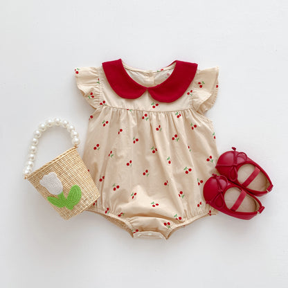 Summer Thin New Arrival Baby Girls Cherry Print Fly Sleeves Peter Pan Collar Onesies