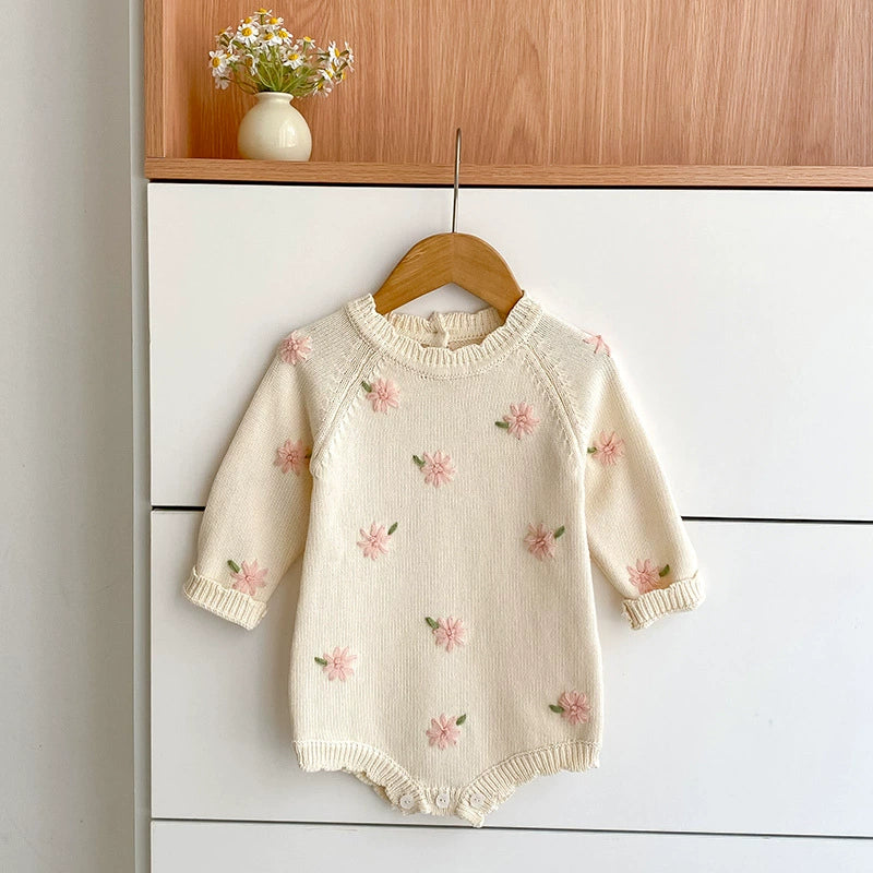 Autumn Arrival Baby Girls Knitted Long Sleeves Flowers Embroidered Pattern Onesies, MyKids-USA®, Baby One-Pieces, MyKids-USA - Size/Age - 66 (3-6M) - Color - Apricot -  -  - TR2506302114-A