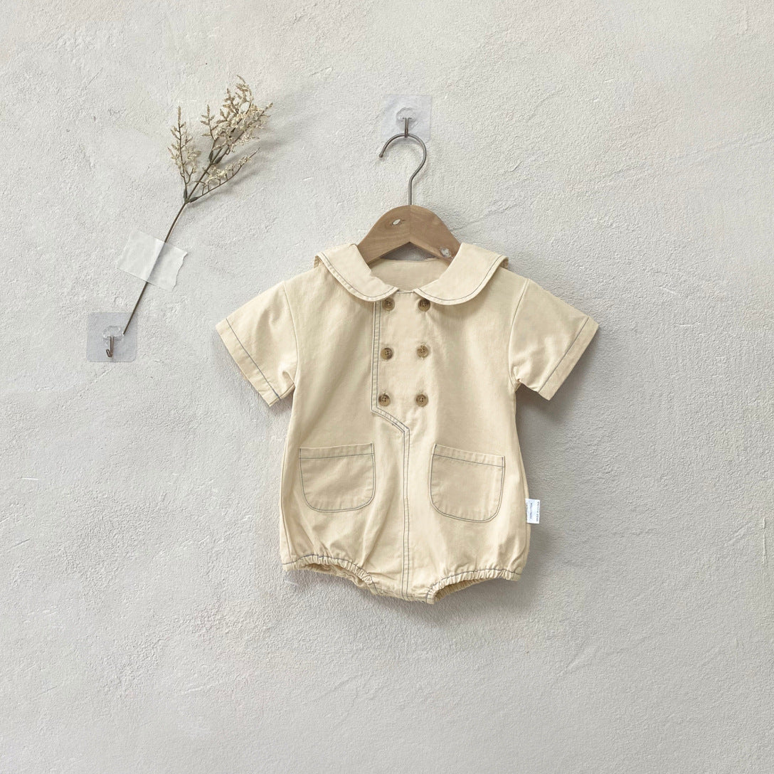 Summer and Autumn Arrival Baby Girls Short Sleeves Turn-down Collar Plain Bodysuit