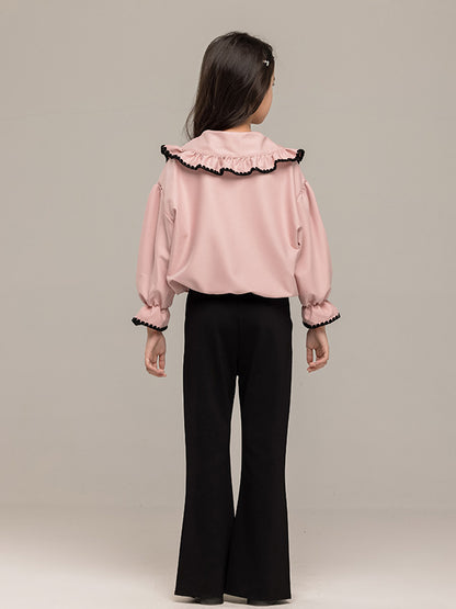 Arrival Autumn Kids Girls Long Sleeves Pink Single Breasted Top and Black Flared Pants Sets
