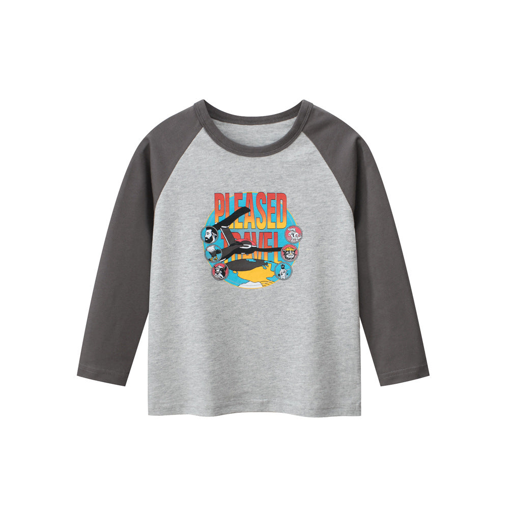 Autumn Baby Boys Cartoon Print Color Patchwork Long Sleeves Crew Neck Base Top Shirt, MyKids-USA®, Baby & Toddler Outerwear, MyKids-USA - Size/Age - 90 (12-24M) - Color - Grey -  -  - TR2408270916-A