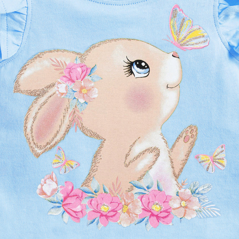 Crew Neck Rabbit Cartoon Print Ruffle Sleeveless Girls’ T-Shirt
